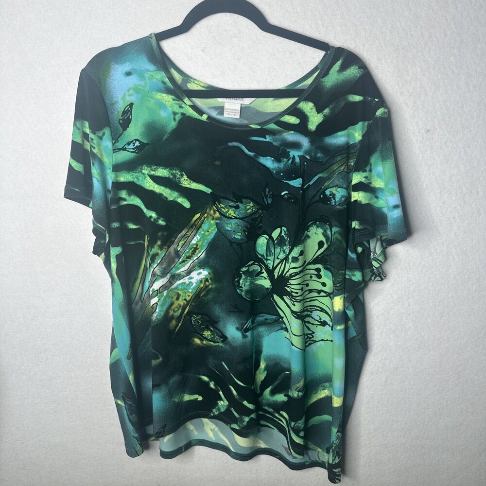TanJay Womens 1X Tunic Top vibrant teal green abstract floral print Short Sleeve
